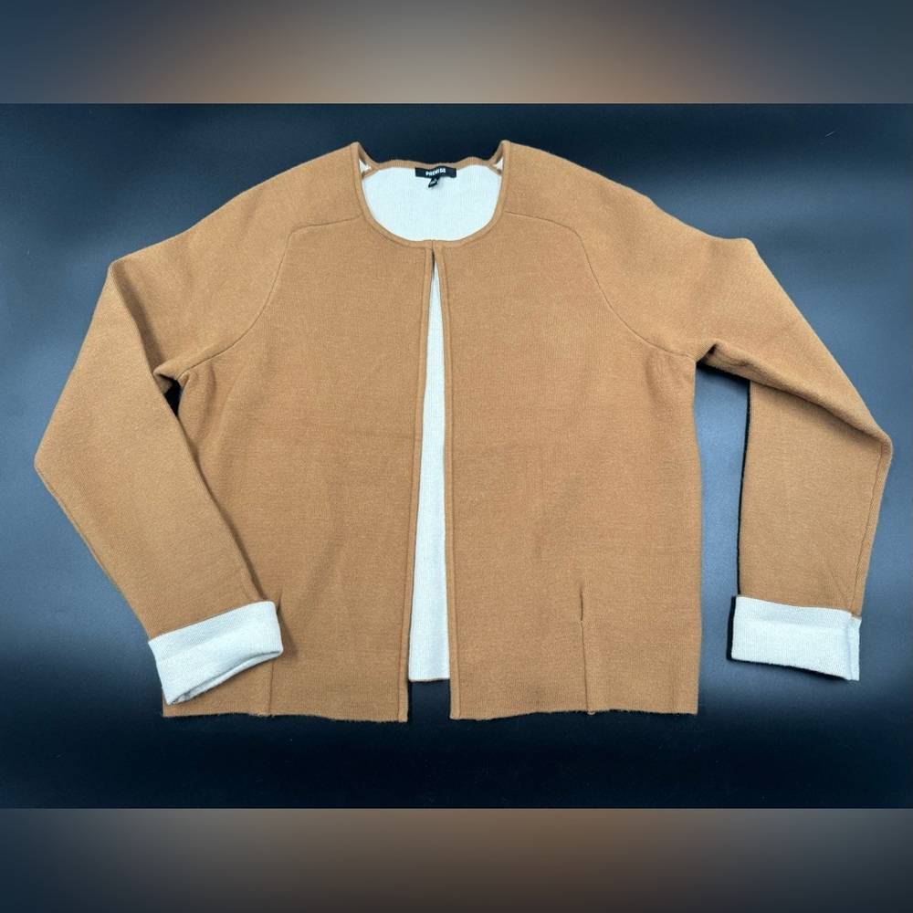 Premise Women’s Open Front Cardigan Mustard Brown Size Small Rolled Sleeve